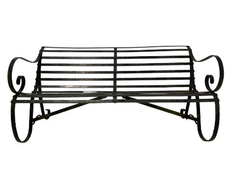 Iron banded strapwork garden benchDimensions: Height:&nbsp;77cm&nbsp; Length/Width:&nbsp;152cm&nbsp; Depth/Diameter:&nbsp;72c