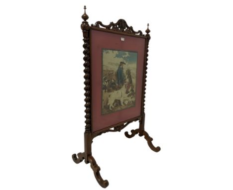 Victorian fire screen, the rosewood frame with spiral turned columns surmounted with finials surrounding wool-work panel depi