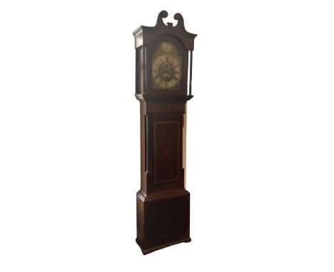 8-day mahogany cased longcase clock with a brass dial striking the hours on a coiled gong (missing), brass break arch dial wi