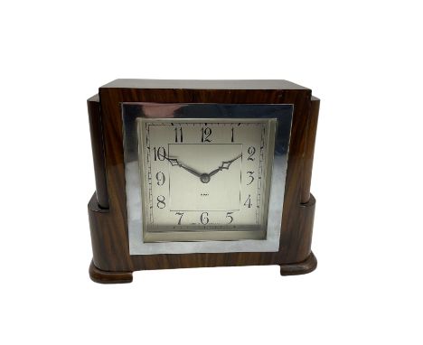 English walnut cased 8-day mantle clock with a square chrome bezel , silvered dial and Arabic numerals, spring driven movemen