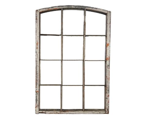 Reclaimed factory window mirror, pine framed with arched top, iron struts and fixtures, in rustic paint finishDimensions: Hei