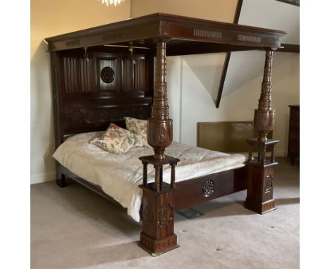 Mid to late 20th century mahogany 5' Kingsize four poster bed, panelled canopy with dentil and fluted frieze, two turned balu