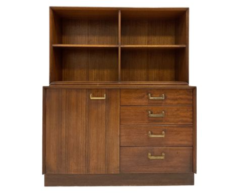 G-plan - teak bookcase on chest, the bookcase fitted with one fixed shelf over four drawers and one cupboard door, opening to