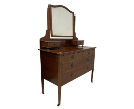 Early 20th century mahogany dressing chest, raised shaped swing mirror with two trinket drawers, fitted with two short and tw