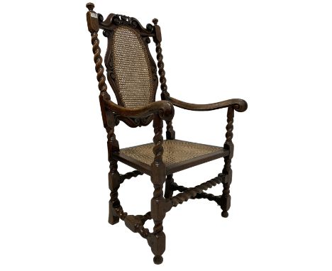 19th century walnut carver armchair, scroll carved back and cresting rail, cane work back and seat, scroll carved arm termina