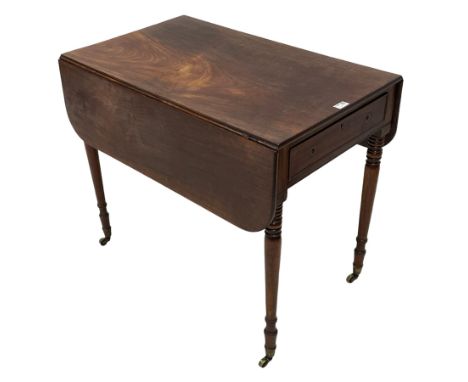 George III mahogany Pembroke table, figured drop-leaf top over single drawer to end, on turned supports with brass cups and c