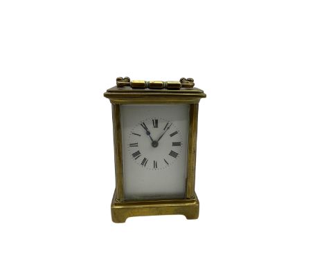 Late 19th century French carriage clock with a timepiece movement and replacement lever platform escapement, enamel dial with
