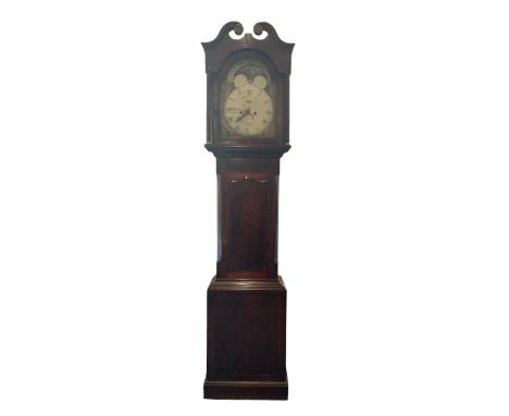 Mid Victorian 8-day mahogany longcase clock with a painted dial and moon phase disc to the break arch, convex dished dial wit