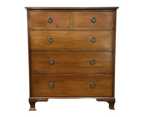 Early 20th century mahogany chest, moulded top over two short and three long drawers, with chequered stringing, on ogee brack