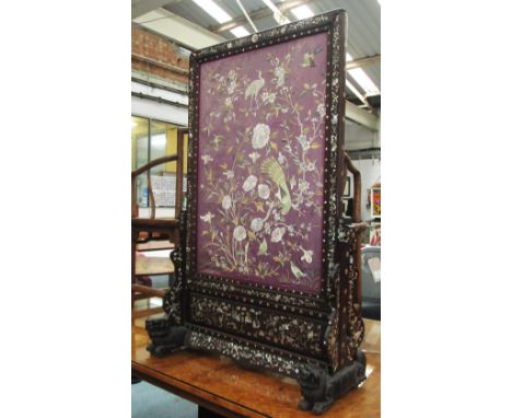 FIRE SCREEN, late 19th century Chinese padoukwood and mother of pearl inlaid with removable silk embroidered panel, 29cm D x 