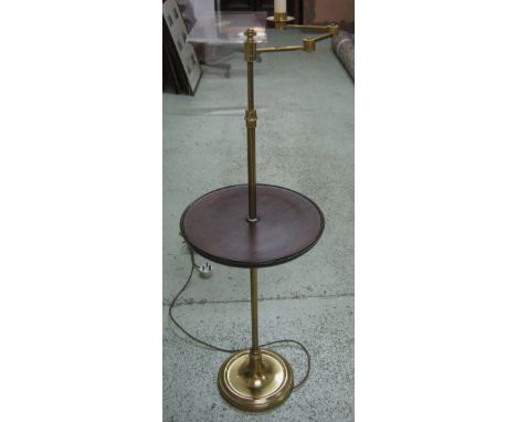 FLOOR LAMP, late 20th century brass with articulated lighting arm and central mahogany tier, 108cm H.