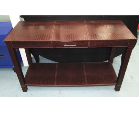 CONSOLE TABLE, in a faux crocodile finish with a drawer and shelf below, 122cm x 46cm x 75cm H.