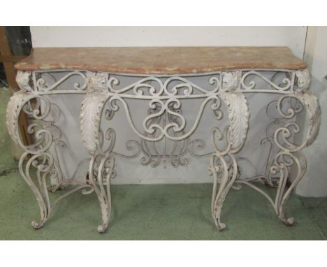 CONSOLE TABLE, 20th century French painted iron with pink serpentine marble top on leaf cast supports, 88cm H x 150cm W x 55c