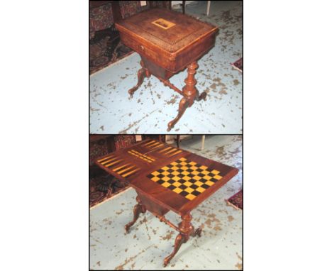 GAMES/WORK TABLE, Victorian burr walnut with inlaid Tonbridge ware detail of a castle, the hinged top concealing chess, backg