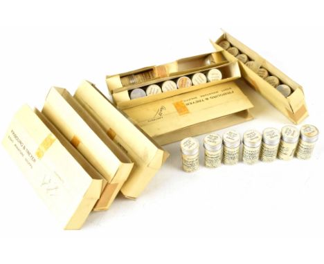 A WD &amp; HO Wills tobacco box containing eleven smaller Fribourg &amp; Treyer boxes containing miniature snuff-filled canis