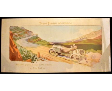 AFTER GAMY; 'Targa Florio 1913 (1050km)' coastline scene depicting Felice Nazzaro at speed in his Tipo 2, racing lithograph p
