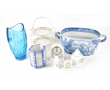 A large oval twin-handled flow blue planter decorated in the Chinoiserie style, a retro turquoise glass vase, a Noritake two-