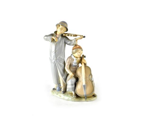 A Nao figure group of a cellist and a violinist, printed marks to base, height 34cm.