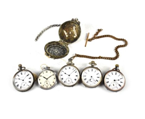 Three hallmarked silver engine turned open faced pocket watches, each dial set with Roman numerals and subsidiary dials, diam