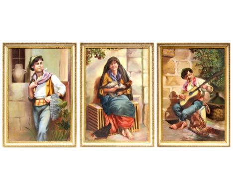 C SPITERI (Continental, 20th century); oil on board, three-quarter length portrait of a young man smoking a pipe and two othe