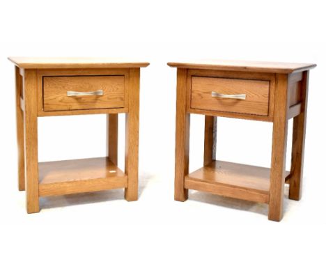 A pair of modern oak bedside/occasional side tables, each with single drawer and lower shelf, 56 x 50 x 35cm (2).