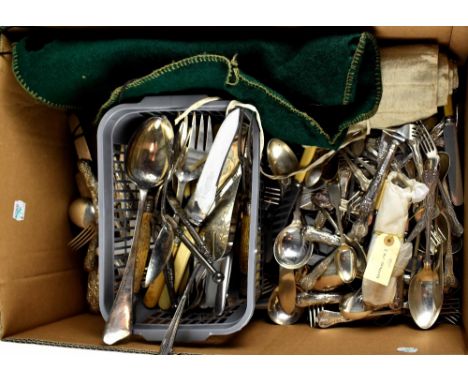 A very large quantity of plated flatware, some with hallmarked silver collars and a quantity of cased and boxed flatware to i