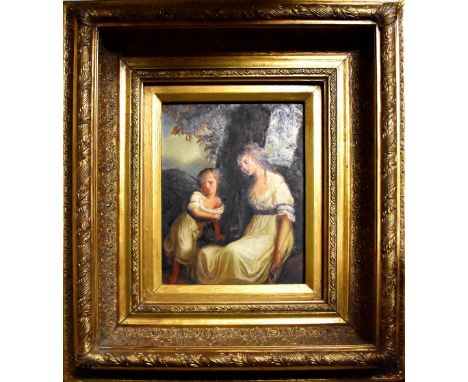 19TH CENTURY ENGLISH SCHOOL; oil on board, portrait of a mother and her child with a bow and arrow seated in a landscape, uns