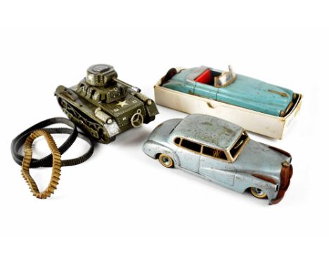Two vintage West German tinplate cars and a tinplate Gama tank with various track belts (3).