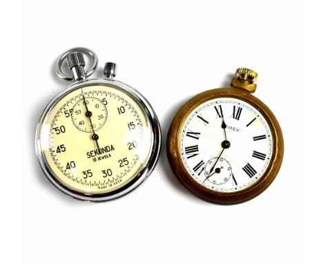 Sekonda; a chrome keyless wind open face stopwatch, 54mm and a gilt metal Timex pocket watch, 51mm (both af) (2). CONDITION R