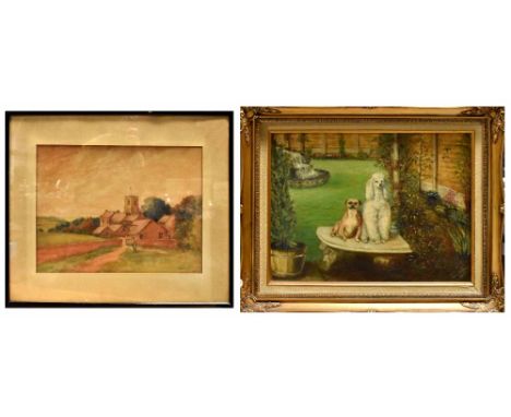 AMY CLIFF; oil on board, portrait of a French poodle and Staffordshire Bull Terrier in a garden, signed and dated 1982, 38 x 