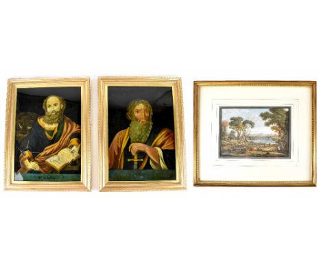 M MILANI; watercolour, figures on the banks of a lake within a Classical landscape, signed, 16.5 x 24cm, framed and glazed an