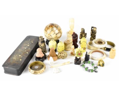 A group of mainly Oriental items to include Chinese hardwood vase stands, composite figures, carved figure of an elderly gent