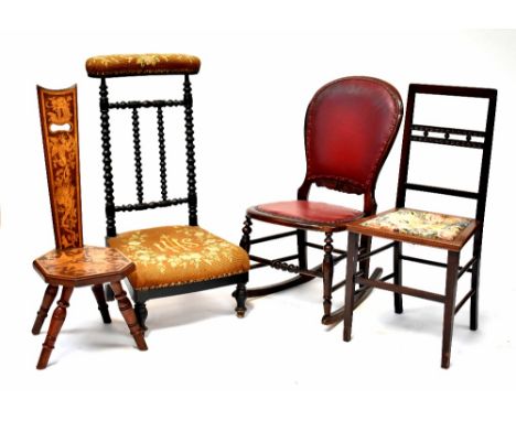 A Victorian bobbin turned prie-dieu with tapestry upholstery, a Waring &amp; Gillows dining chair bearing a label and stamped