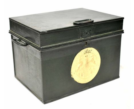 A Milners Patent Fire-Resisting Safe Box, painted metal in green with embossed maker's stamp to the front painted cream, rect