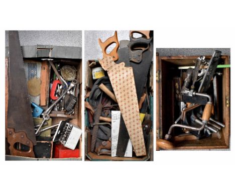 A quantity of vintage tools and equipment to include a saw, Tayler tools, metal box containing a quantity of various sized dr