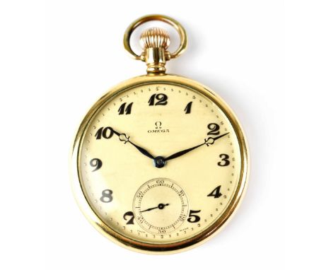 Omega; a gold plated open faced pocket watch, the face set with Arabic numerals and smaller subsidiary seconds dial, Omega fi