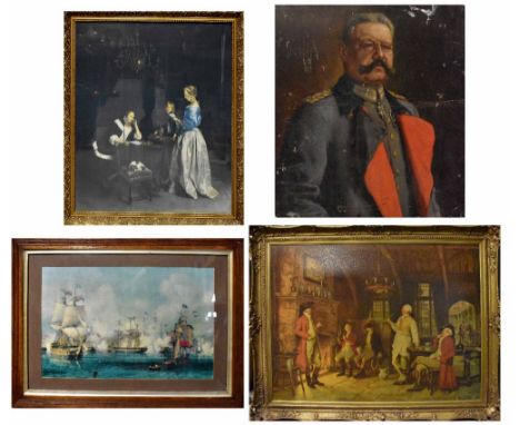 Three large decorative prints, 'Landlord's Story', 68 x 100cm, a 17th century Dutch school print, family reading letter, a pr