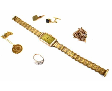 Various items of gold and yellow metal jewellery (mostly af) to include a hallmarked 9ct gold fashion ring, (misshaped shank)