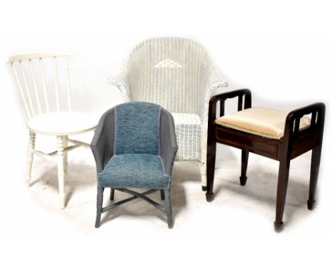 A Lloyd Loom style white painted tub chair and a similar blue painted child's version, a white painted stick-back dining chai