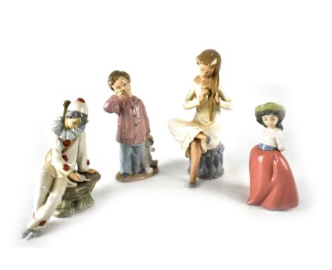 Four Nao figures to include a seated girl combing her hair, height 23cm, a clown, a boy holding his teddy bear and a girl wit