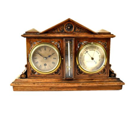 Thomas Armstrong &amp; Brother; a late 19th century weather station, clock, barometer and thermometer, 39 x 25cm.