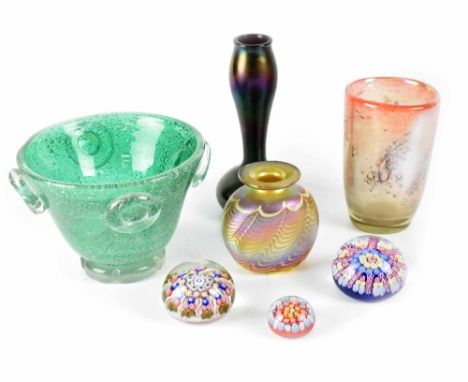 Four pieces of vintage art glass to include Canadian Glass and Robert Held peacock swirl short vase with flared rim, signed w