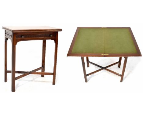 A reproduction mahogany rectangular top card table with swivel top above stopped fretwork decorated frieze with single drawer