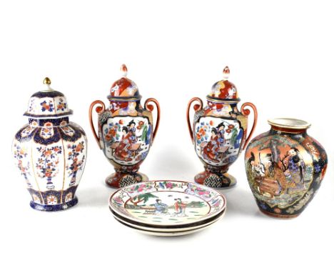 A 20th century Japanese Satsuma vase of globular tapering form, painted with scenes of musicians within a garden, a pair of t