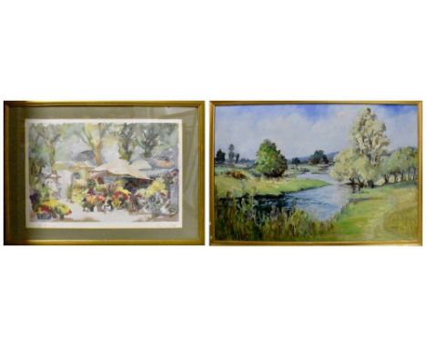 W F GILES; oil, countryscape of flowing river and undulating countryside, signed lower right, 60 x 90cm, framed and Pierre Je
