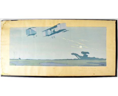 AFTER GAMY; 'Coupe de Berlin', Rougier le Gagnant sur Biplan Voisin, Moteur E.N.V., watercolour enhanced lithograph poster pu