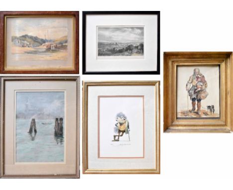 Thirteen various watercolours and prints to include, B Lowe; watercolour of evening winter scene, unattributed; rowing boat i