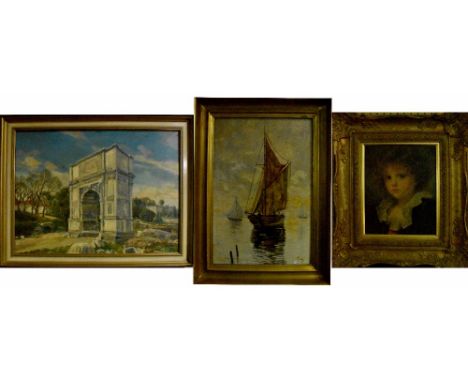 E ZEPP; oil on board depicting a Roman archway within ruins, signed E Zepp STGT, 43 x 58cm, framed, an oil on canvas depictin