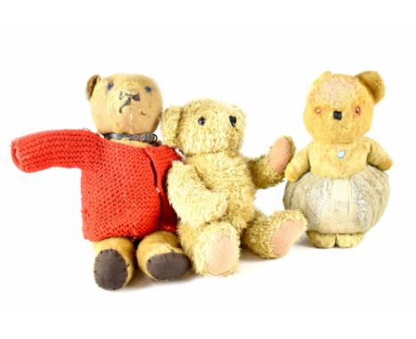 Three vintage teddy bears to include a Dean's Childsplay Baby Safe teddy bear rattle, an antique pre-war mohair jointed teddy