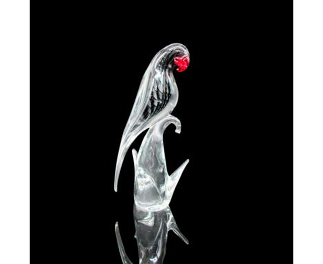 Clear glass with blown black glass on body with red beak. Perch is clear glass. This item has its original box: 12"L x 7.5"W 